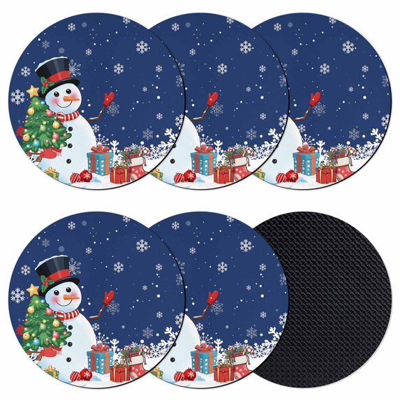 Navy Blue Snowman Christmas Coasters Set of 6, Absorbent Coasters for Drinks, Gifts Xmas Tree Winter Snowflake Coaster for Desk Coffee Table Protection, Home Decor House Warming Gifts 4"