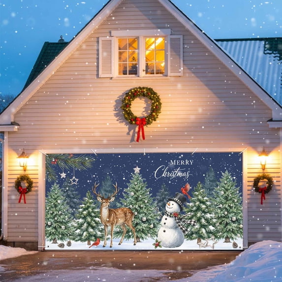 Navy Blue Snowman Christmas Garage Door Banner 6x13 Ft, Xmas Tree Ball ...