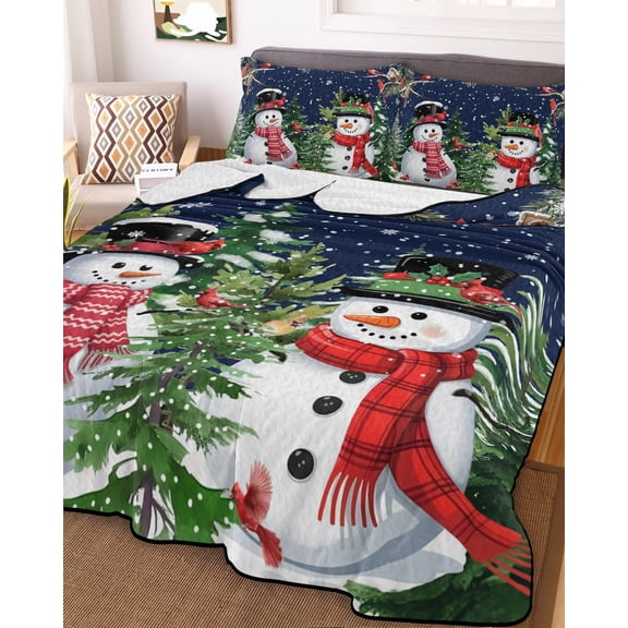 Navy Blue Snowman Christmas King Size Down Alternative Comforter, Lightweight Comforter Quilt Bedding Set with Pillow Shams Xmas Tree Snowflake Winter Birds Bed Comforter Duvet Insert 96"x106"