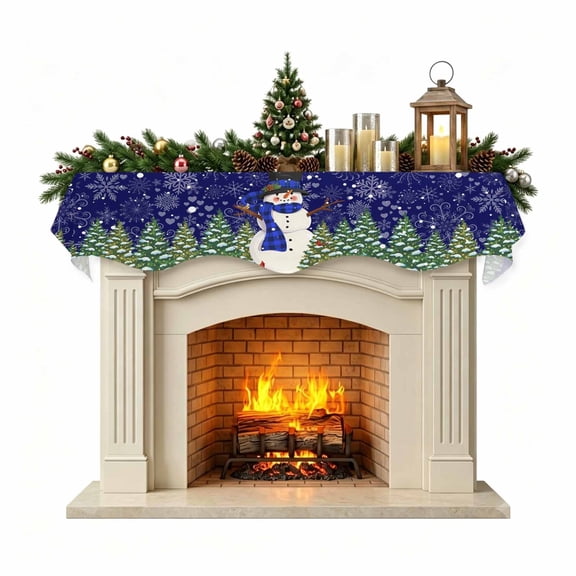 Navy Blue Snowman Christmas Mantel Scarf Fireplace Decorations for Living Room, Xmas Tree Snowflake Abstract Fireplace Mantel Scarf Cover Runner for Halloween/Thanksgiving/Christmas Decor 60"x17"