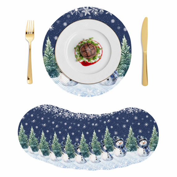 Navy Blue Snowman Christmas Round Placemats Set of 8, Braided Polypropylene Place Mats, Snowflake Green Xmas Tree Washable Table Mats for Kitchen Dinner Holiday Wedding Party Coffee Table Decor 15"