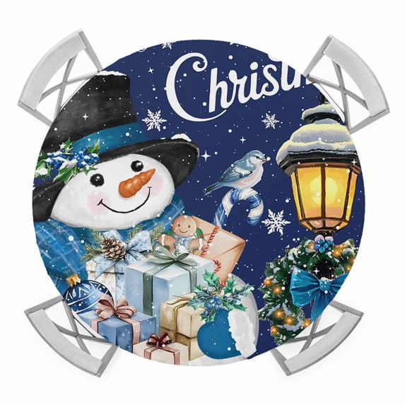 Navy Blue Snowman Christmas Round Tablecloth for 36-44 Inch Tables,Fitted Table Cover with Elastic Edge,Xmas Gifts Wreath Snowflake Waterproof Outdoor Table Cloth Protector for Patio Garden Dinner