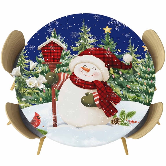 Navy Blue Snowman Christmas Round Tablecloth, Fitted Table Cover with Elastic for 45"-54" Round Tables, Green Xmas Tree Snowflake Winter Table Cloth Outdoor Dinning Party Waterproof Tablecloths