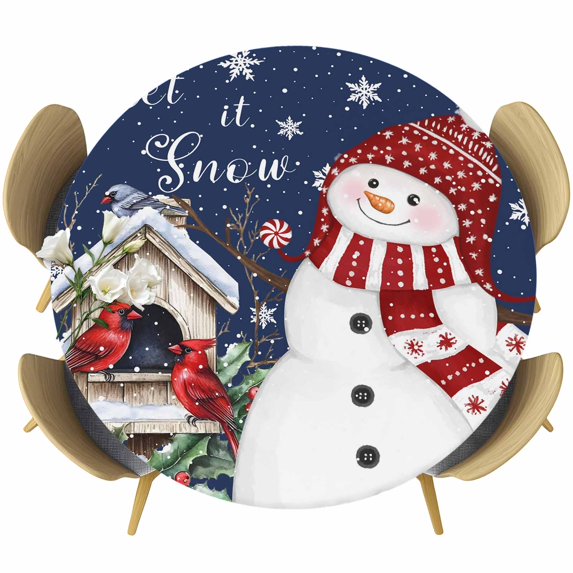 Navy Blue Snowman Christmas Round Tablecloth, Fitted Table Cover with Elastic for 55"-60" Round Tables, Xmas Snowflake Birds Berry Winter Table Cloth Outdoor Dinning Party Waterproof Tablecloths