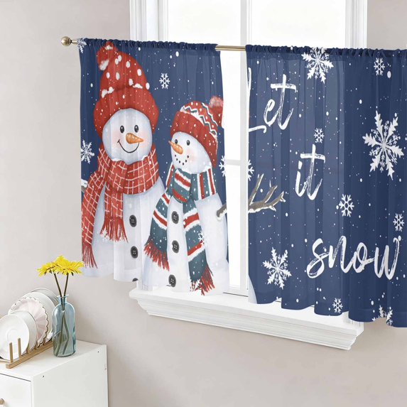 Navy Blue Snowman Christmas Sheer Curtains 54 Inch Length 2 Panels Set, Snowflake Xmas Voile Window Treatment Rod Pocket Short Kitchen Curtains Drapes for Bedroom 52"x54"x2