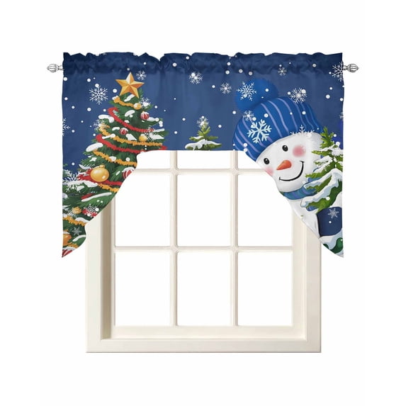 Navy Blue Snowman Christmas Swag Valances for Windows, Small Curtains Drapes, Xmas Tree Ball Snowflake Winter Kitchen Window Curtains Over Sink Window Treatment Valance for Bedroom/Bathroom 56"x36"