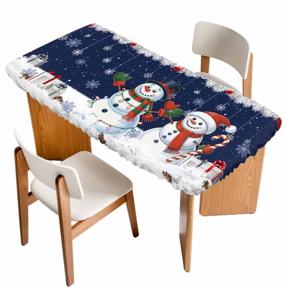 Navy Blue Snowman Christmas Table Cloths for 4 Foot Rectangle Tables, Xmas Snowflake Winter Ball Patio Waterproof Elastic Fitted Tablecloths, Washable Rectangular Table Cover for Camping