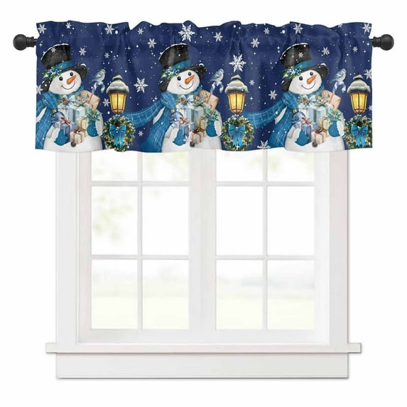 Navy Blue Snowman Valances for Windows Christmas Winter Wreath Snowflake Xmas Rod Pocket Curtain Valance Window Treatment Short Curtains for Kitchen Living Room, 60"x18"