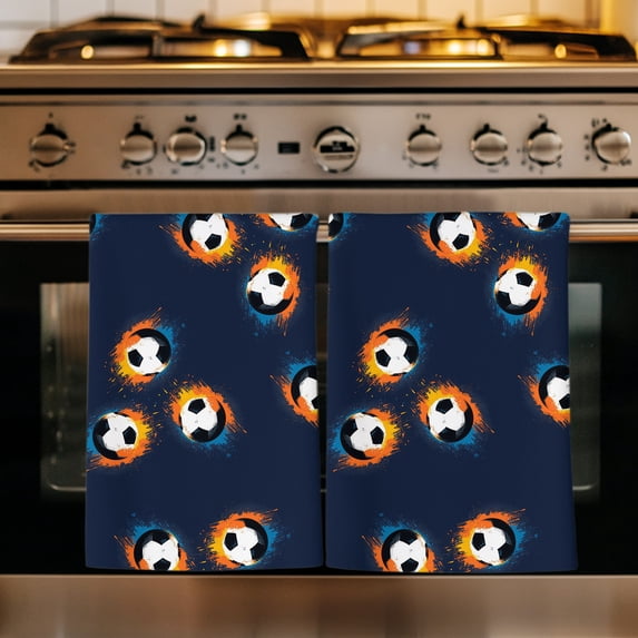 Navy Blue Soccer Kitchen Towels Set of 2, Orange Blue Football Sports Absorbent Dish Towels for Kitchen, Microfiber Hand Towel, Quick Drying Tea Towel for Cleaning Decorative Dishcloths