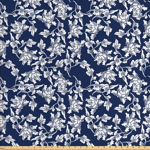 Ambesonne Navy Blue Fabric by the Yard Upholstery, Floral Botanic Design, 10 Yards, Dark Blue White