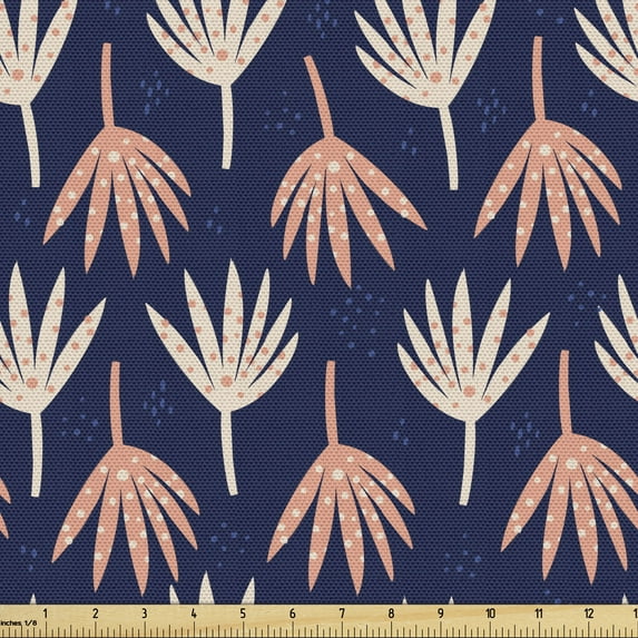 Ambesonne Navy Blue Fabric by the Yard Upholstery, Pastel Abstract Plant, 5 Yards, Coral and Peach