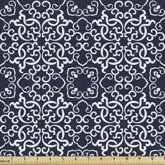 Ambesonne Navy Blue Fabric by the Yard Upholstery, Eastern Curlicues, 1 Yard, Navy Blue White