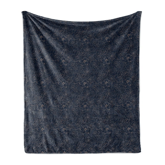 Navy Blue Soft Flannel Fleece Blanket, Abstract Hand Drawn Interpretation of Narcissus Rose Daffodil Peony Flower, Cozy Plush for Indoor and Outdoor Use, 60" x 80", Indigo Sand Brown, by Ambesonne