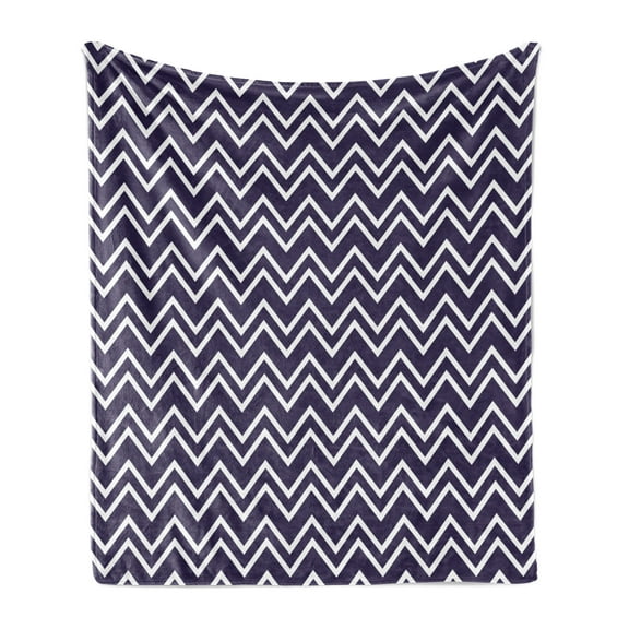 Navy Blue Soft Flannel Fleece Blanket, Navy Blue Color Background with Zig Zag Patterned Modern Design Artwork, Cozy Plush for Indoor and Outdoor Use, 70" x 90", Navy Blue and White, by Ambesonne