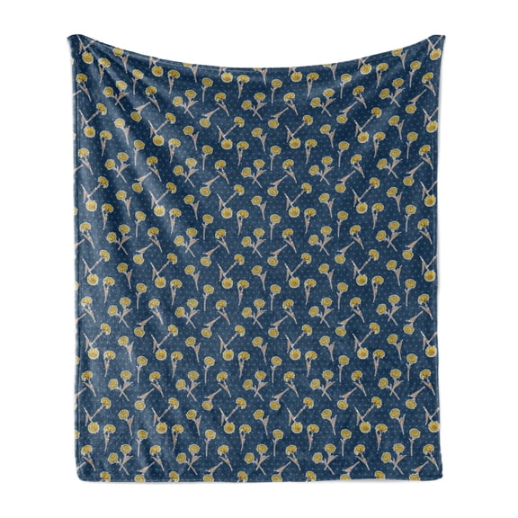 Navy Blue Soft Flannel Fleece Blanket, Hand Drawn Abstract Spring Carnation Flowers and Twigs on Dotted Background, Cozy Plush for Indoor and Outdoor Use, 50" x 60", Mustard Indigo, by Ambesonne