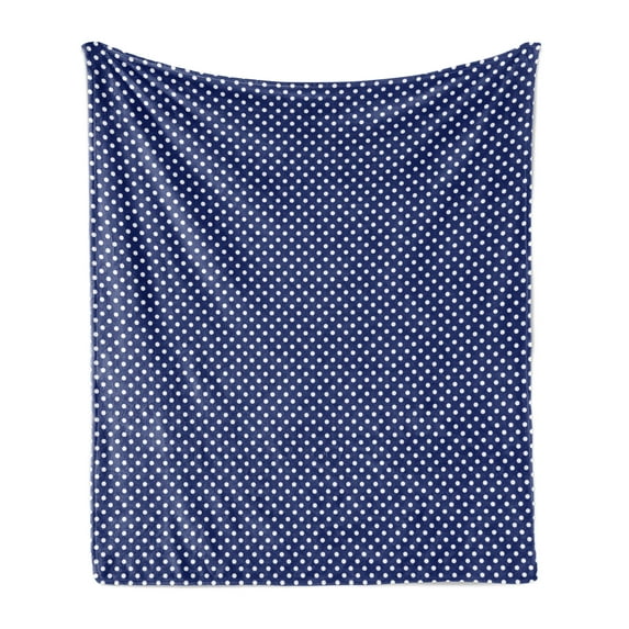 Navy Blue Soft Flannel Fleece Blanket, Old Fashioned Polka Dots Pattern in Marine Colors Retro Nautical Inspiration, Cozy Plush for Indoor and Outdoor Use, 70" x 90", Navy Blue White, by Ambesonne