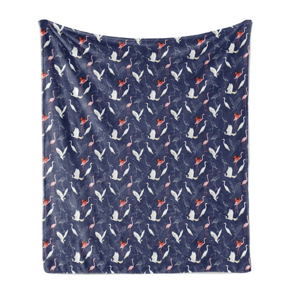 Navy Blue Soft Flannel Fleece Blanket, Repetitive Colorful Tropical Flamingo Heron and Their Achromatic Drawings, Cozy Plush for Indoor and Outdoor Use, 60" x 80", Indigo Multicolor, by Ambesonne