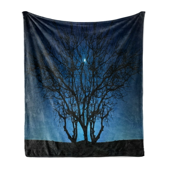Navy Blue Soft Flannel Fleece Blanket, Tree Under Clear Night Sky with Moon and Stars Galaxy Nature Landscape Art Print, Cozy Plush for Indoor and Outdoor Use, 60" x 80", Navy Black, by Ambesonne