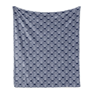 Navy Blue Soft Flannel Fleece Throw Blanket, Abstract Floral Damask with Antique Victorian Design Renaissance Flourish, Cozy Plush for Indoor and Outdoor Use, 50" x 60", Dark Blue White, by Ambesonne