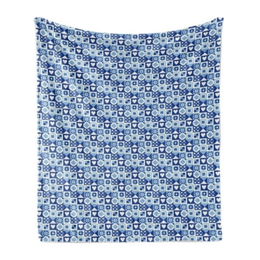Navy Blue Soft Flannel Fleece Throw Blanket, Abstract Grid Style Squares with Various Scandinavian Motifs Heart, Cozy Plush for Indoor and Outdoor Use, 50" x 70", Pale Blue Dark Blue, by Ambesonne