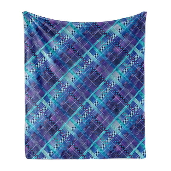 Navy Blue Soft Flannel Fleece Throw Blanket, Complex Structured Different Lines and Patterns Polka Dots Stripes Patch Work, Cozy Plush for Indoor and Outdoor Use, 70" x 90", Purple Blue, by Ambesonne