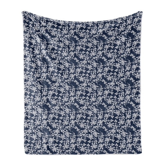 Navy Blue Soft Flannel Fleece Throw Blanket, Floral Arrangement Botanic Foliage Pattern Japanese Composition Eastern, Cozy Plush for Indoor and Outdoor Use, 70" x 90", Dark Blue White, by Ambesonne