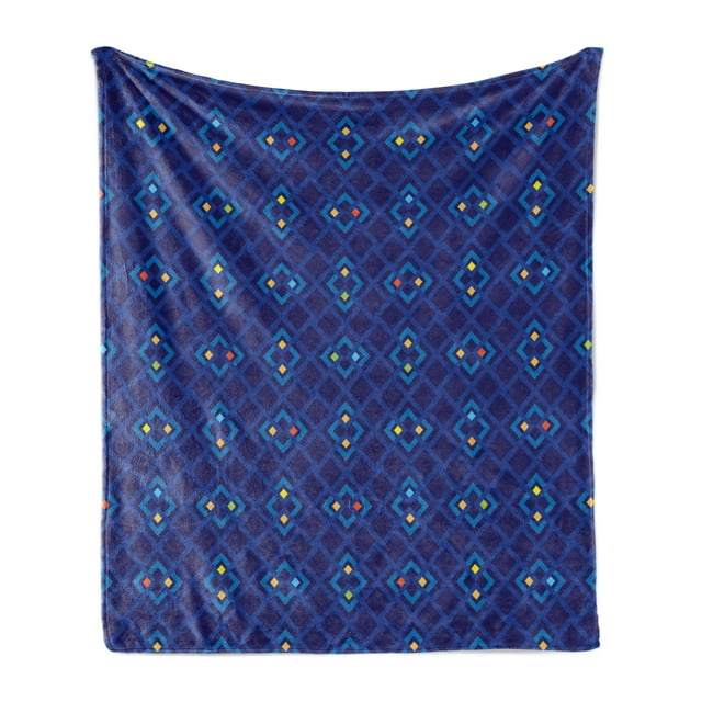 Navy Blue Soft Flannel Fleece Throw Blanket, Geometrical Mosaic Square Patterned Colorful Abstract Art Design, Cozy Plush for Indoor and Outdoor Use, 50" x 60", Blue Orange and Yellow, by Ambesonne
