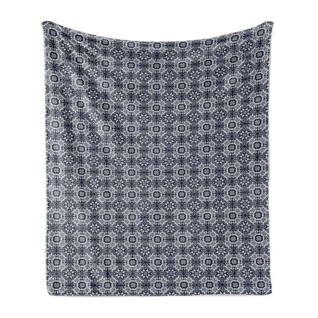 Navy Blue Soft Flannel Fleece Throw Blanket, Japanese Inspired Curves Lace Arrangement Antique Floral Composition, Cozy Plush for Indoor and Outdoor Use, 50" x 70", Navy Blue White, by Ambesonne