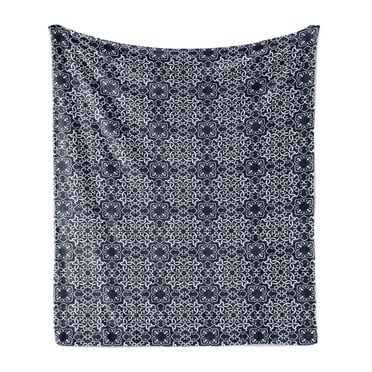 Navy Blue Soft Flannel Fleece Throw Blanket, Japanese Inspired Swirls and Curlicues Composition Influence, Cozy Plush for Indoor and Outdoor Use, 60" x 80", Navy Blue White, by Ambesonne