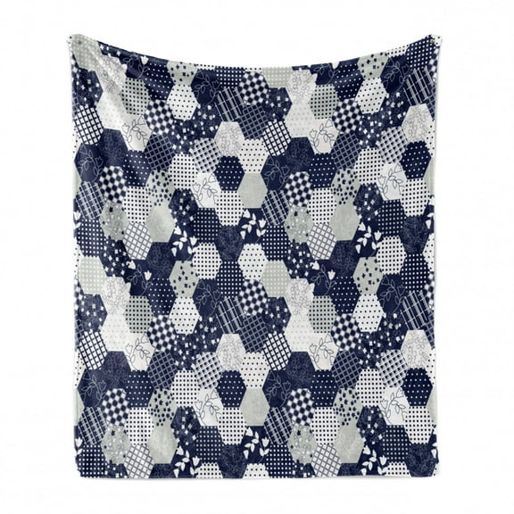 Navy Blue Soft Flannel Fleece Throw Blanket, Octagon Patchwork Style Pattern Image with Dots Stars Squares and Stripes, Cozy Plush for Indoor and Outdoor Use, 50" x 70", Navy and White, by Ambesonne