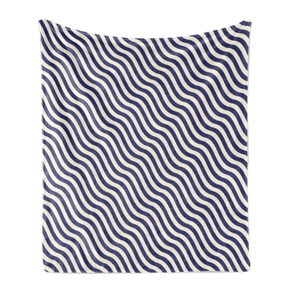 Navy Blue Soft Flannel Fleece Throw Blanket, Wave Like Striped Lines Design on Dark Blue Background Artwork Print, Cozy Plush for Indoor and Outdoor Use, 70" x 90", Dark Blue and White, by Ambesonne