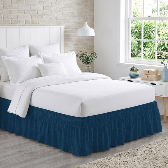Navy Blue Solid Bed Skirt Queen Size 16 Inch Drop, Minimalist Cloth Deep Blue Linen Texture Adjustable Elastic Dust Ruffles Bedskirt for Queen Bed Wrap Around Pleated Mattress Frame Cover