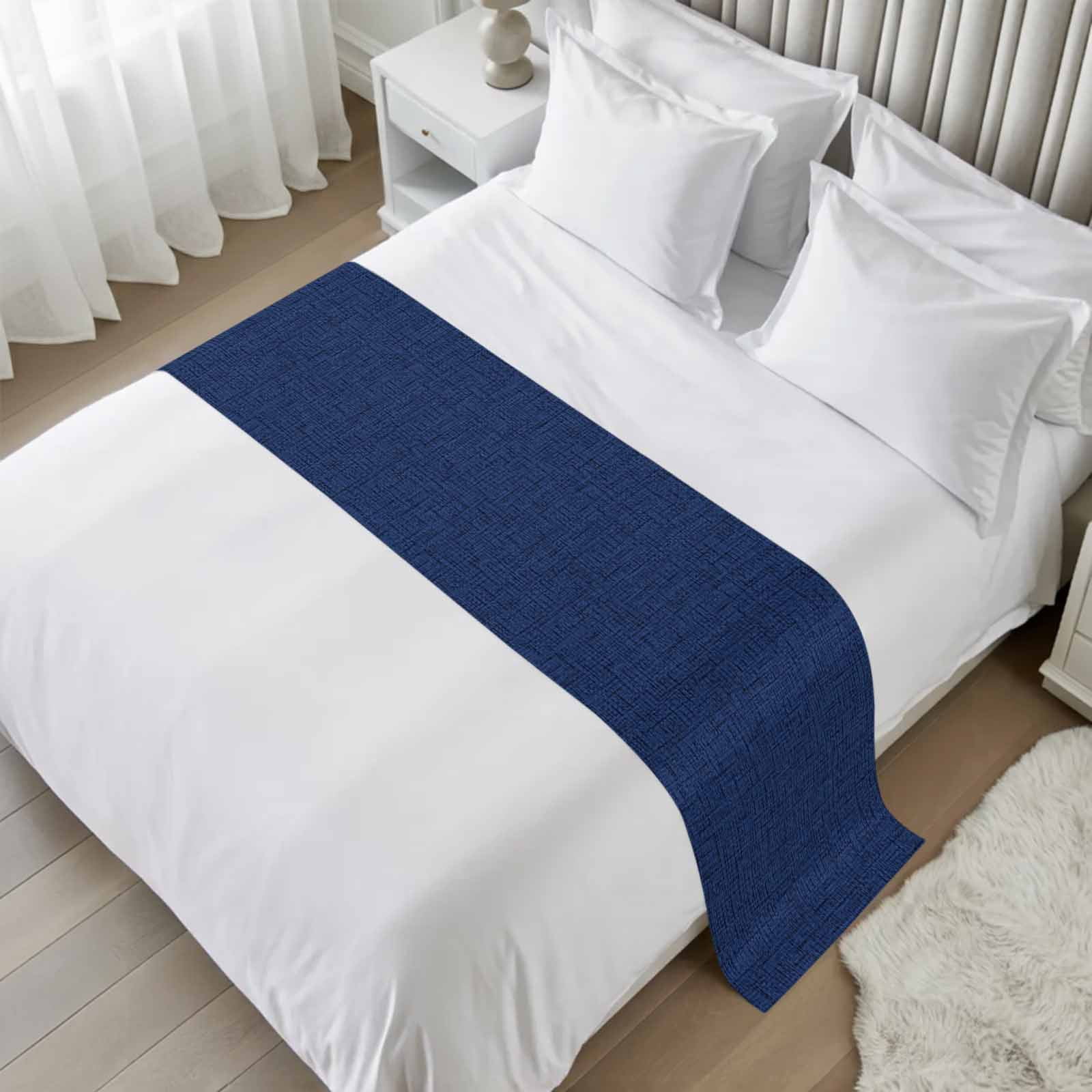 Navy Blue Solid Color Bed Runner Scarf for Queen Size Bed, Country ...