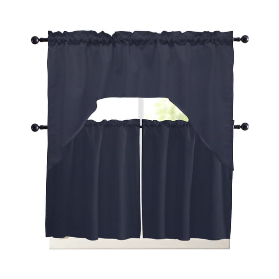Navy Blue Solid Color Kitchen Curtains Set for Windows 3 Piece Cafe Curtains 24 Inch Length Swag Curtains Valances and Tier Set Modern Minimalist Pure Color Drapes for Bedroom Bathroom Living Room