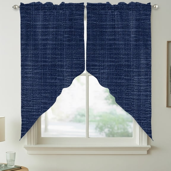 Navy Blue Solid Color Swag Curtain Valances for Kitchen, Indigo Woven Fabric Texture Rustic Minimalist Rod Pocket Curtains Window Treatment Swag Valance for Bedroom Bathroom, 2 Panels 36 x 36 Inch