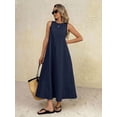 thumbnail image 1 of Navy Blue Solid Round Neck Sleeveless Loose A-Line Maxi Dress For Women, 1 of 7
