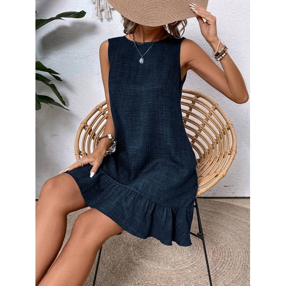 Navy Blue Solid Sleeveless A-Line Dress With Ruffle Hem For Casual Beach Or Daily Wear