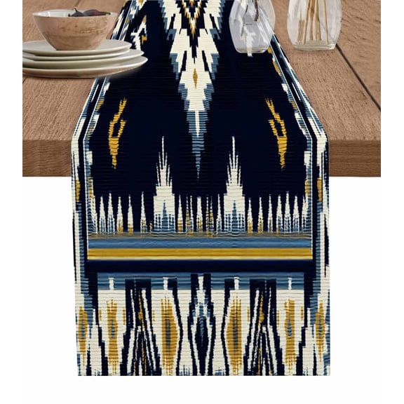 Navy Blue Southwest Table Runner-Cotton Linen- 60 Inch Holiday Dresser Scarves, Abstract Western Boho Geometric Aztec Tablerunner for Kitchen Coffee/Dining Living Room Dinner Scarf Décor 13x60
