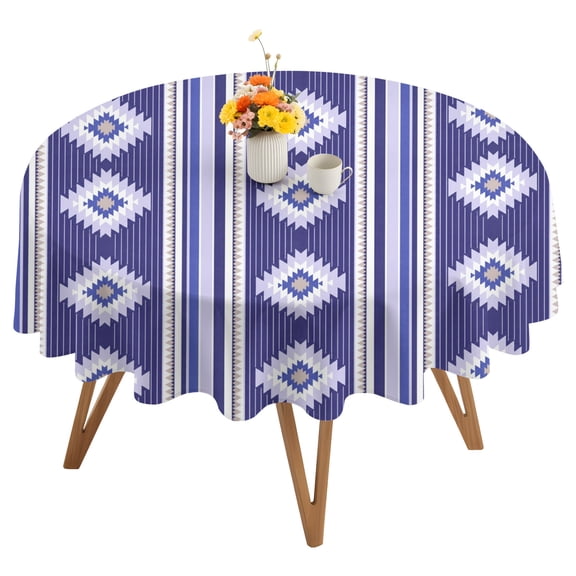 Navy Blue Southwestern Round Tablecloth 54 inches Aztec Diamond Motif Tribal Geometric Waterproof Oil-Proof Table Cloth Round Table Cover for Holiday Party Picnic Dinner Decor Indoor and Outdoor Use