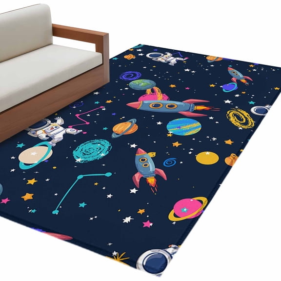 Navy Blue Space Area Rug 4x6 Washable Rug Non Slip Rocket Planet Star Colorful Large Area Rug Indoor Floor Carpet for Entryway Bedroom Kitchen Living Room Home Office Dining Room Nursery