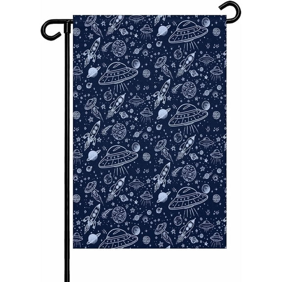 Navy Blue Space Garden Flag Double Sided 12 x 18 Inch Outdoor House Yard Banner With Rocket and Stars for Holiday Party Decorations All Seasons