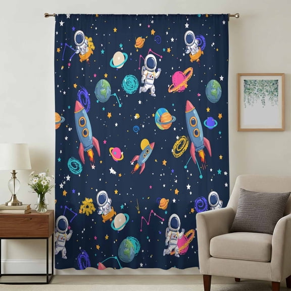 Navy Blue Space Sheer Curtains 108 Inches Extra Long for Living Room, Rocket Planet Star Colorful Light Filtering Privacy Drapes, Breathable Semi Sheer Window Treatment for Floor to Ceiling Window