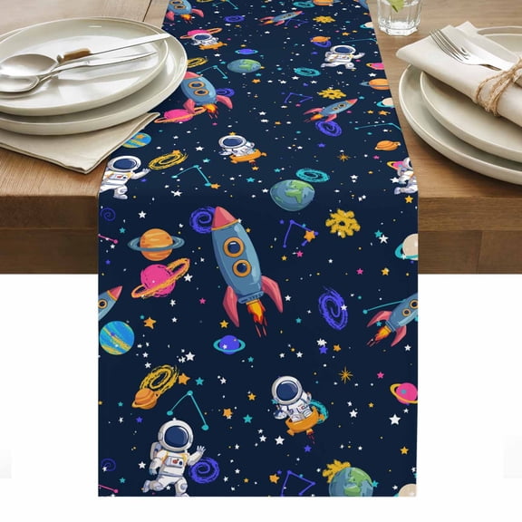 Navy Blue Space Table Runner Rocket Planet Star Colorful Tablerunners 13 x 36 Inch, Table Decorations Tabletop Scarf for Summer Gathering Holiday Farmhouse Kitchen Dining Decor