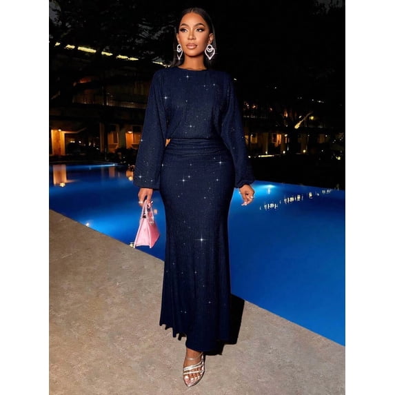 Navy Blue Sparkly Mermaid Hem Bodycon Maxi Dress For Evening Party Dating