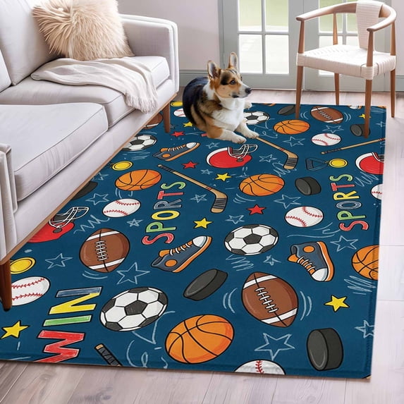 Navy Blue Sports Area Rugs 3'x5', Washable Small Throw Rugs for Living Room Bedroom, Football Basketball Rugby Baseball Indoor Outdoor Rug Non-Slip Low Pile Carpet Runner Reversible Floor Mats
