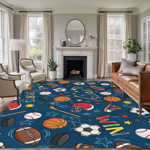 Navy Blue Sports Area Rugs 6'x9', Washable Small Throw Rugs for Kitchen Dining room, Football Basketball Rugby Baseball Indoor Outdoor Rug Non-Slip Low Pile Carpet Runner Reversible Floor Mats