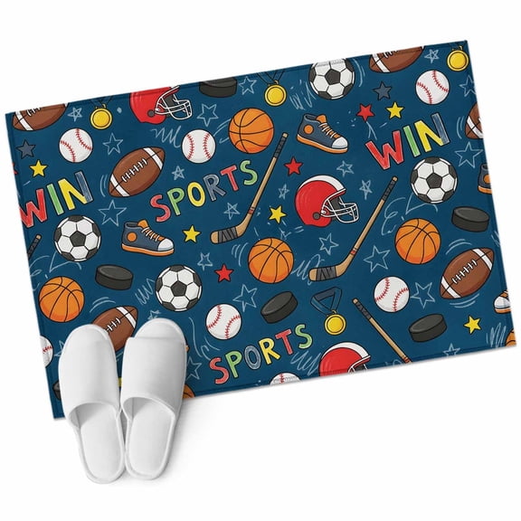 Navy Blue Sports Bathroom Rug Washable 2x3 Entryway Rug Non Slip Football Basketball Rugby Baseball Front Door Mat Low Pile Indoor Doormat Throw Floor Carpet for Kitchen Bedroom Entrance