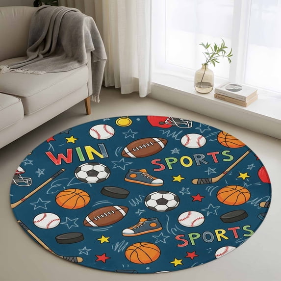 Navy Blue Sports Round Area Rug 3.3Ft Washable Circle Rugs for Dining Room Table, Football Basketball Rugby Baseball Non-Slip Carpet Floor Mats Indoor Outdoor Carpet Runner Aesthetic Home Decor