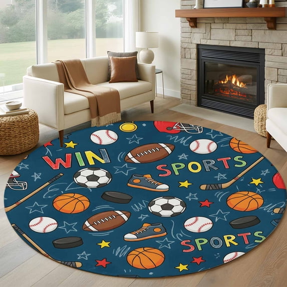 Navy Blue Sports Round Area Rug 8Ft Washable Large Circle Rugs for Living Room Dorm, Football Basketball Rugby Baseball Non-Slip Carpet Floor Mats Indoor Outdoor Carpet Runner Aesthetic Home Decor