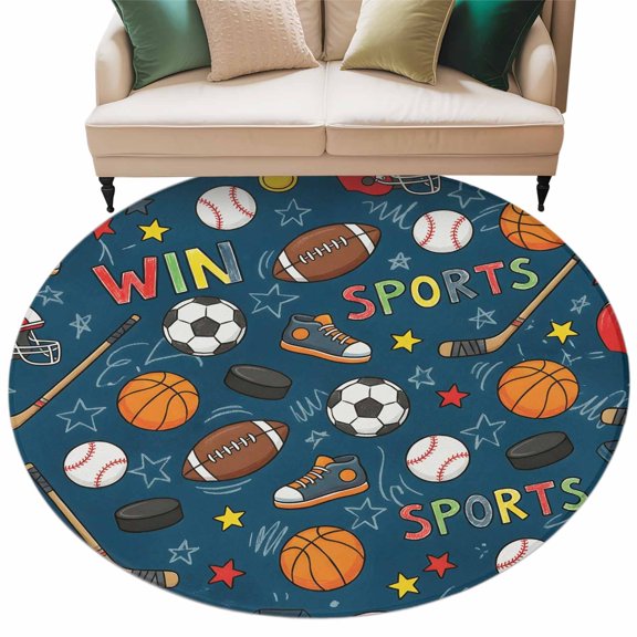 Navy Blue Sports Round Rug 5ft Washable Circle Kitchen Rugs Non Slip Football Basketball Rugby Baseball Large Area Rug Indoor Floor Carpet for Bedroom Living Room Home Office Dining Room Nursery